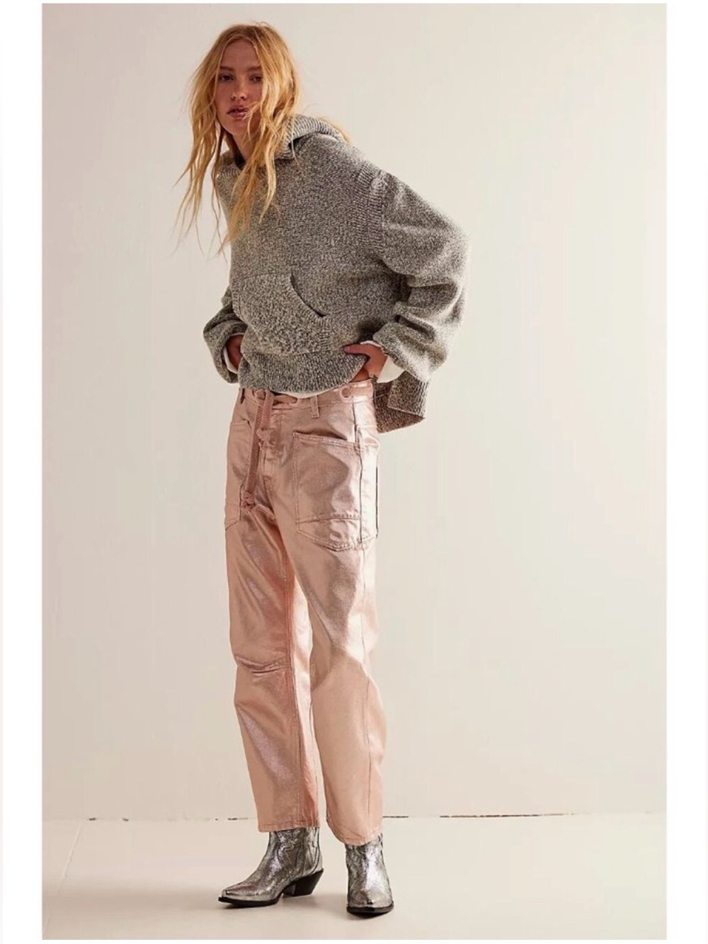 Free People We The Free Metallic Pink Moxie Barrel Jeans